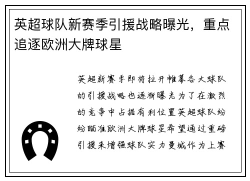 英超球队新赛季引援战略曝光，重点追逐欧洲大牌球星