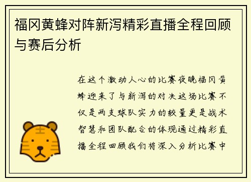 福冈黄蜂对阵新泻精彩直播全程回顾与赛后分析