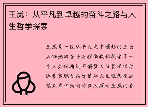 王岚：从平凡到卓越的奋斗之路与人生哲学探索
