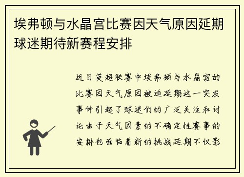 埃弗顿与水晶宫比赛因天气原因延期球迷期待新赛程安排