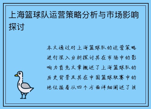 上海篮球队运营策略分析与市场影响探讨